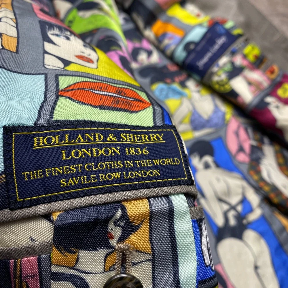 Holland & Sherry Blazer Mens 38R Grey Windowpane Pop Art Comic Lining Sport Coat